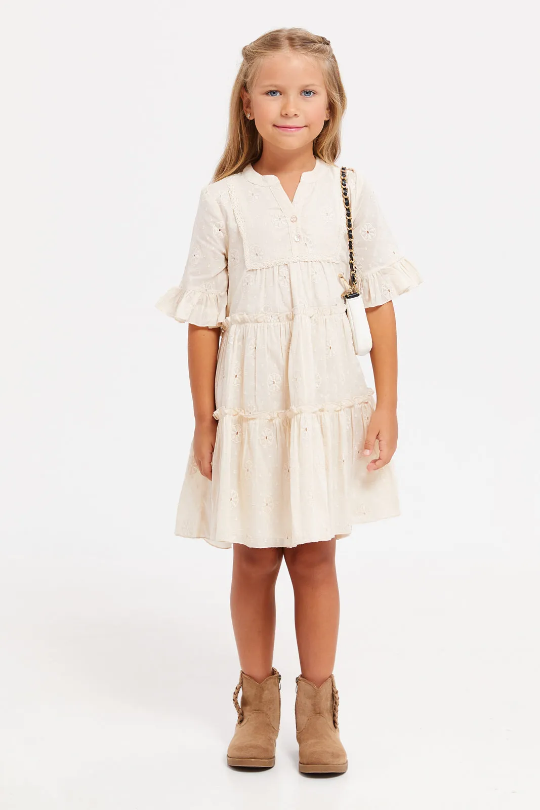 Girls Cream Embroidered Tiered Dress