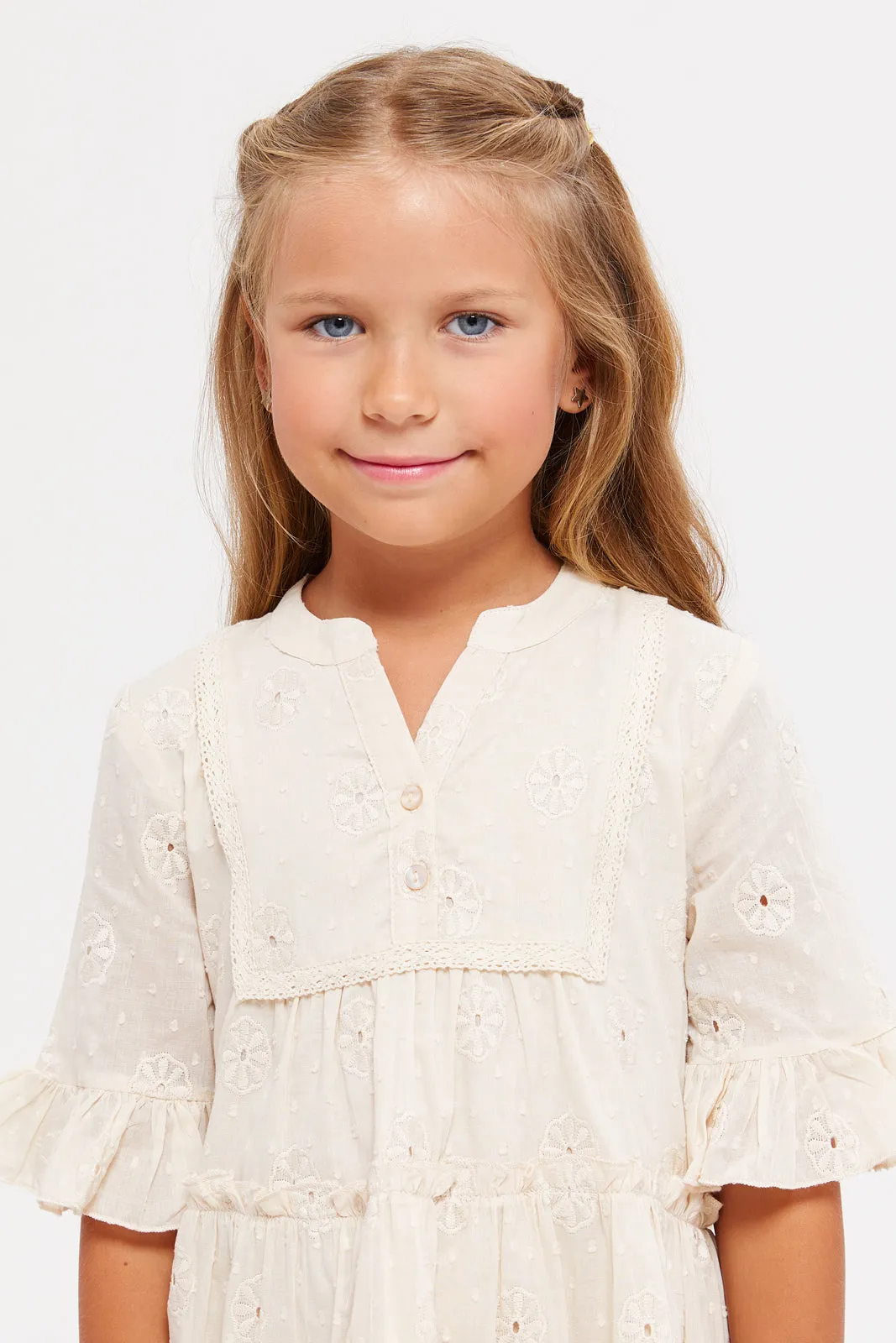 Girls Cream Embroidered Tiered Dress