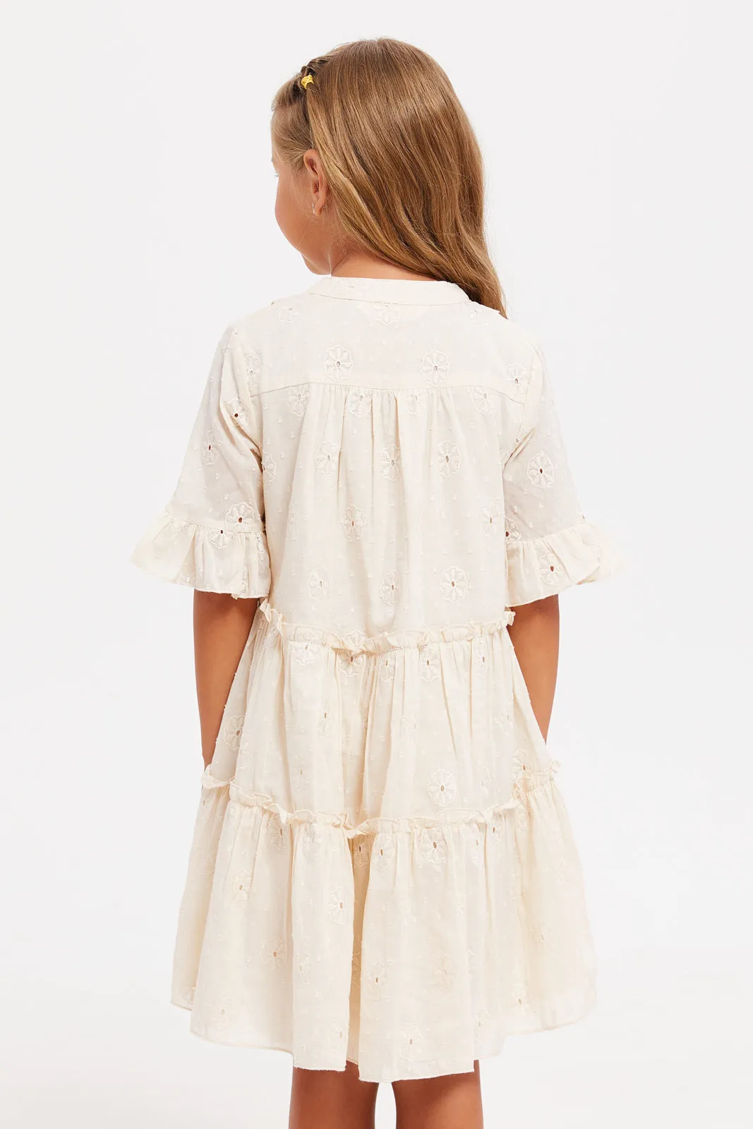 Girls Cream Embroidered Tiered Dress