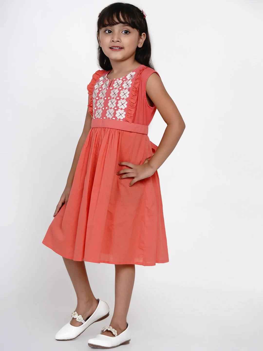 Girls Peach-Coloured Embroidered Fit And Flare Dress