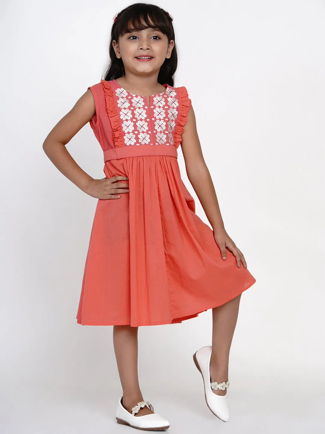 Girls Peach-Coloured Embroidered Fit And Flare Dress