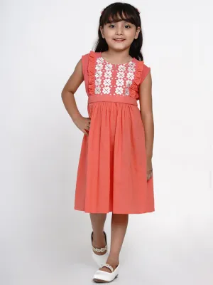 Girls Peach-Coloured Embroidered Fit And Flare Dress