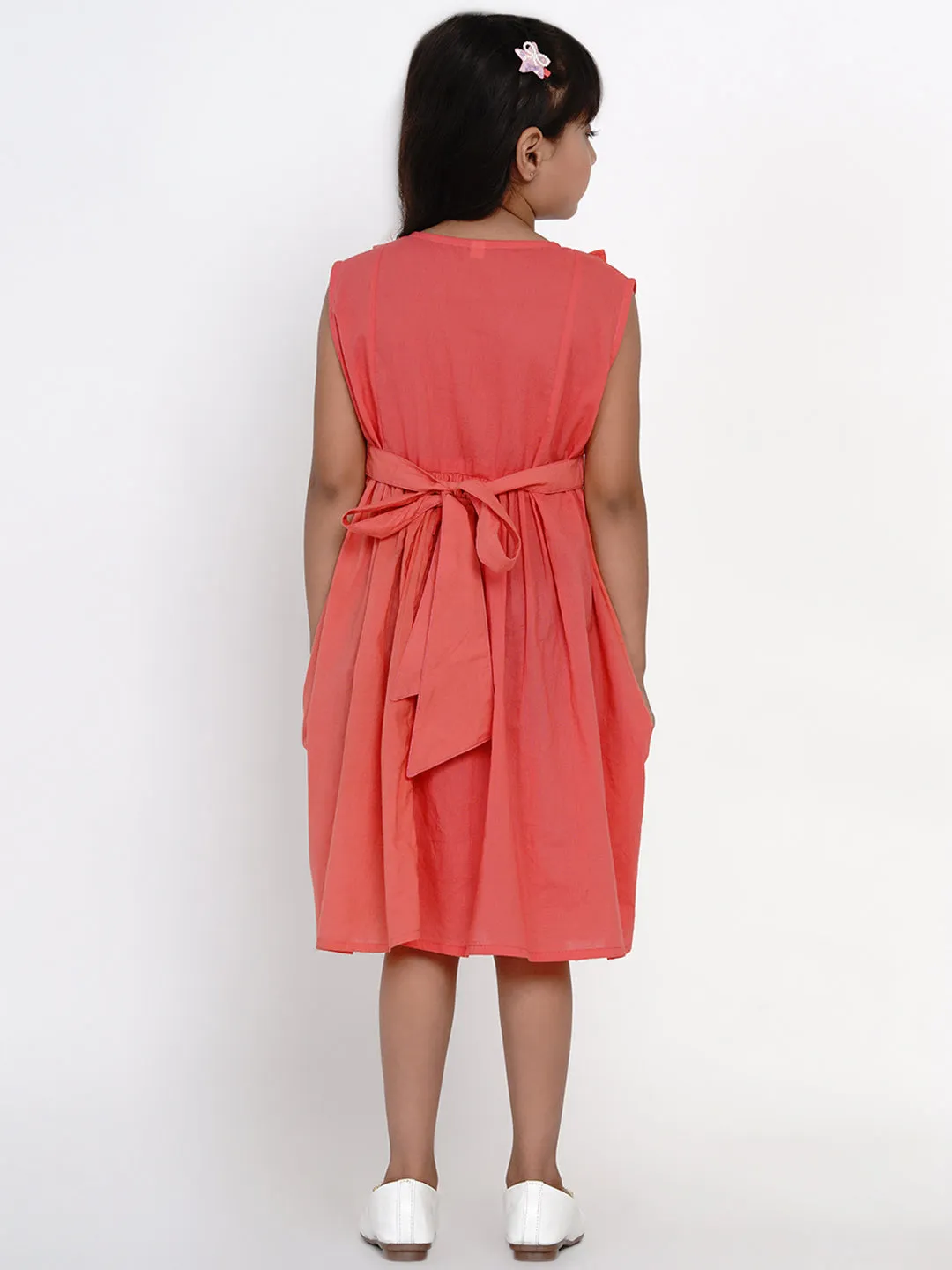 Girls Peach-Coloured Embroidered Fit And Flare Dress