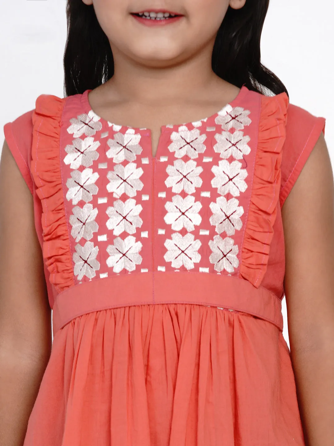 Girls Peach-Coloured Embroidered Fit And Flare Dress