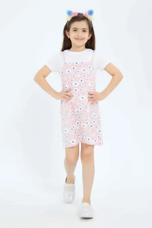 Girls Pink And White Dress Set With T-Shirt (2 Piece)
