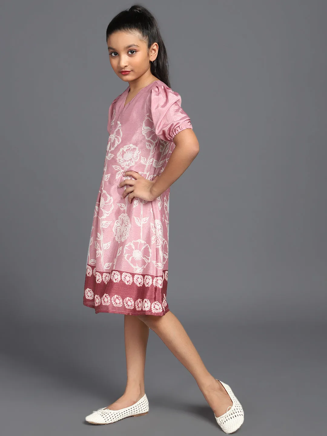 Girl's Rose Gold Floral Printed A-Line Dress - Aks Girls