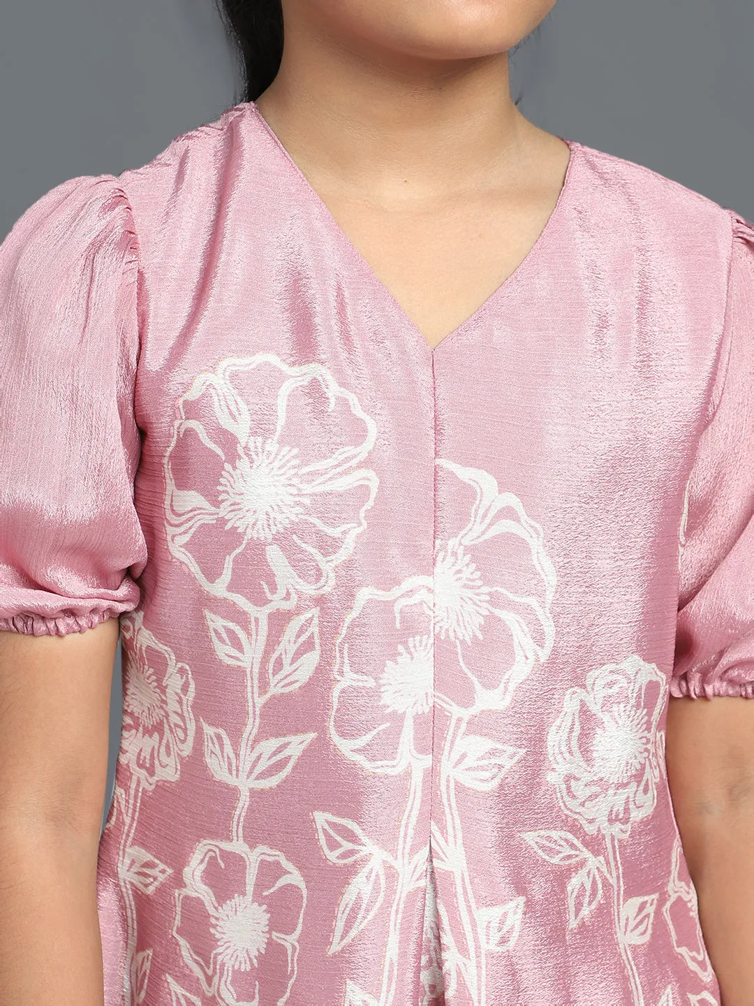 Girl's Rose Gold Floral Printed A-Line Dress - Aks Girls