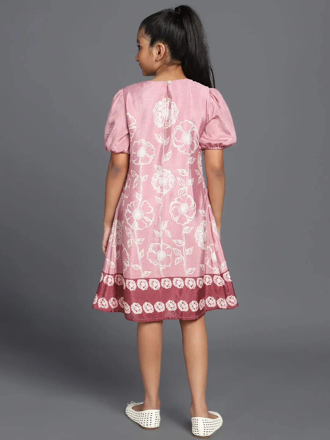 Girl's Rose Gold Floral Printed A-Line Dress - Aks Girls