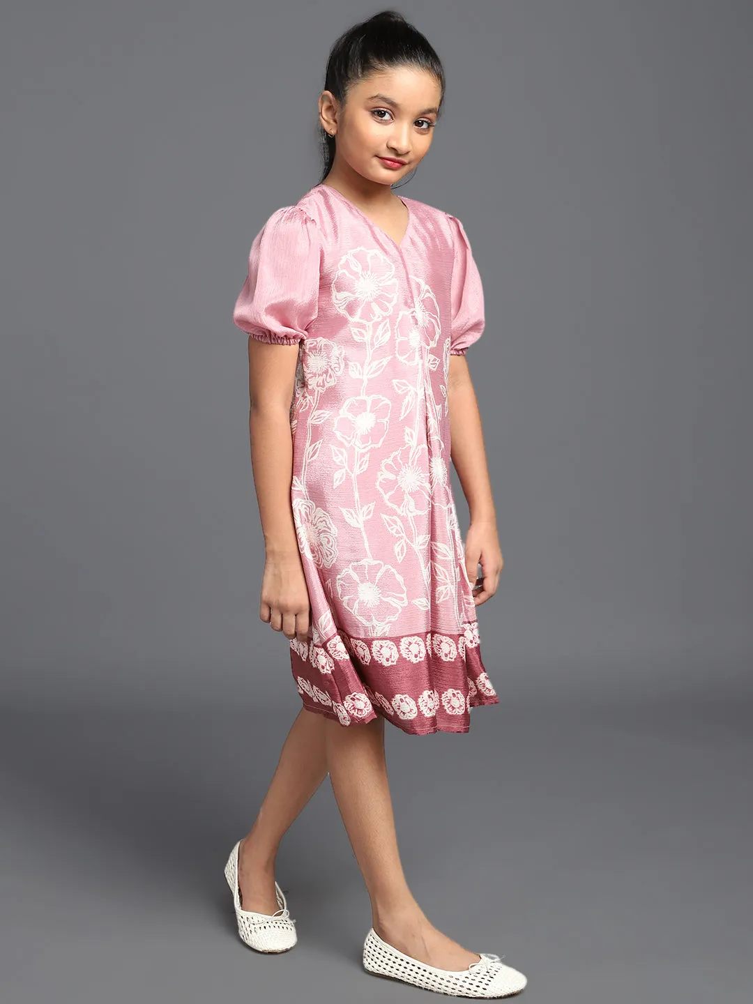 Girl's Rose Gold Floral Printed A-Line Dress - Aks Girls