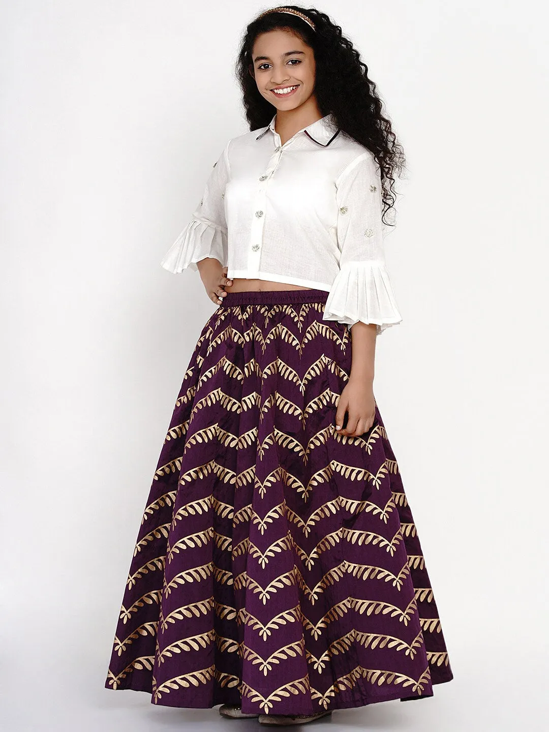 Girl's White & Purple Embellished Block Print Ready to Wear Lehenga - NOZ2TOZ KIDS