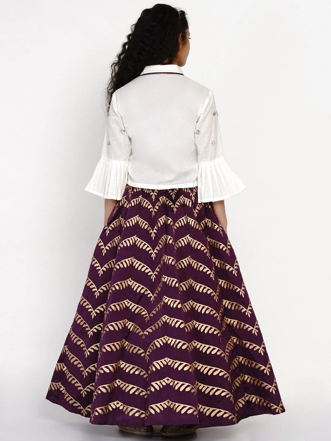 Girl's White & Purple Embellished Block Print Ready to Wear Lehenga - NOZ2TOZ KIDS