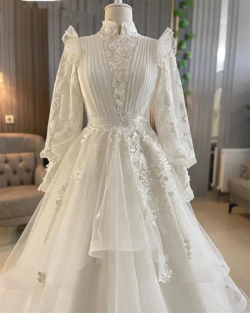 Graceful High Neck Muslim Wedding Dress  Puff Sleeve Arabic Dubai Lace Arabic Bridal Gown