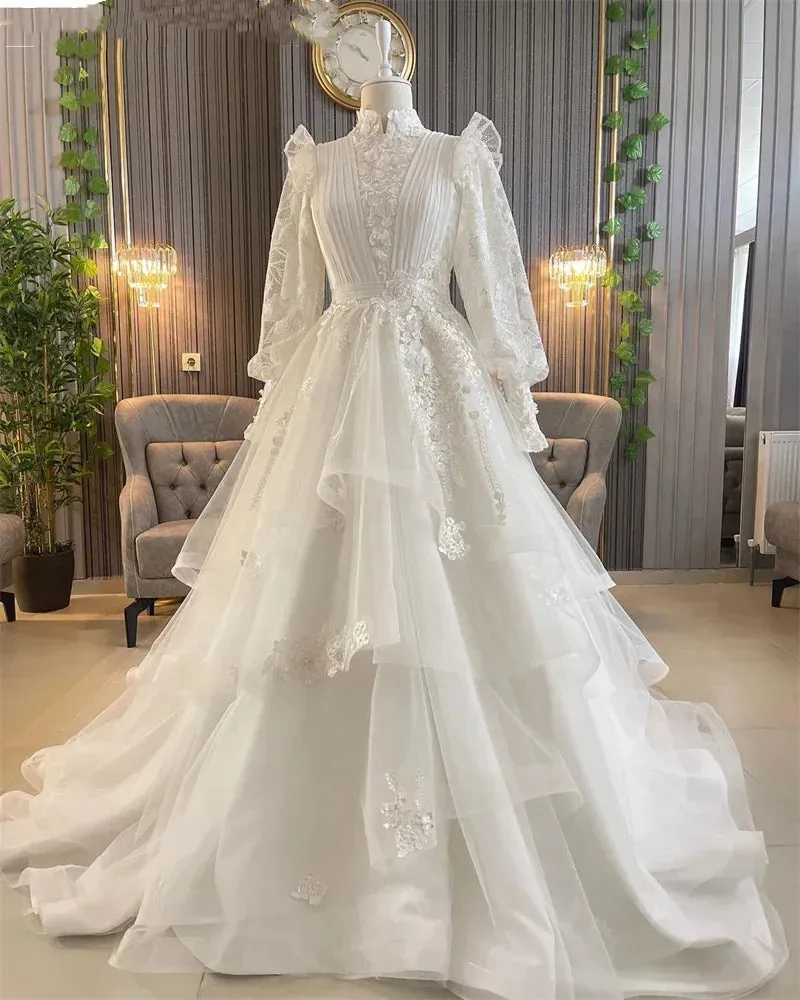 Graceful High Neck Muslim Wedding Dress  Puff Sleeve Arabic Dubai Lace Arabic Bridal Gown