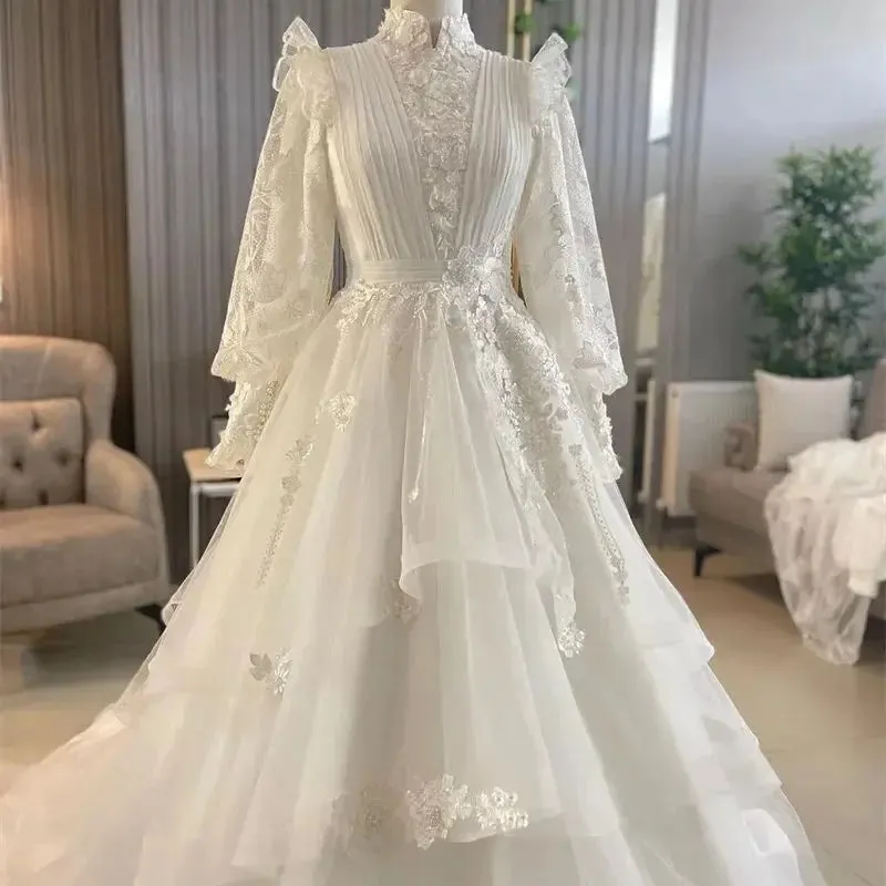 Graceful High Neck Muslim Wedding Dress  Puff Sleeve Arabic Dubai Lace Arabic Bridal Gown