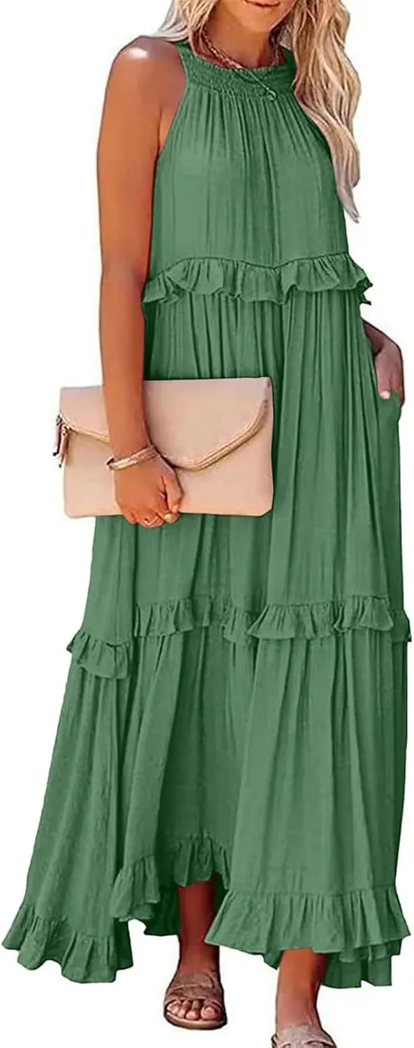 Halter Dresses for Women Smocked Tiered Flowy Swing Maxi Dresses Summer Cocktail Formal Wedding Guest Dress w/Pockets