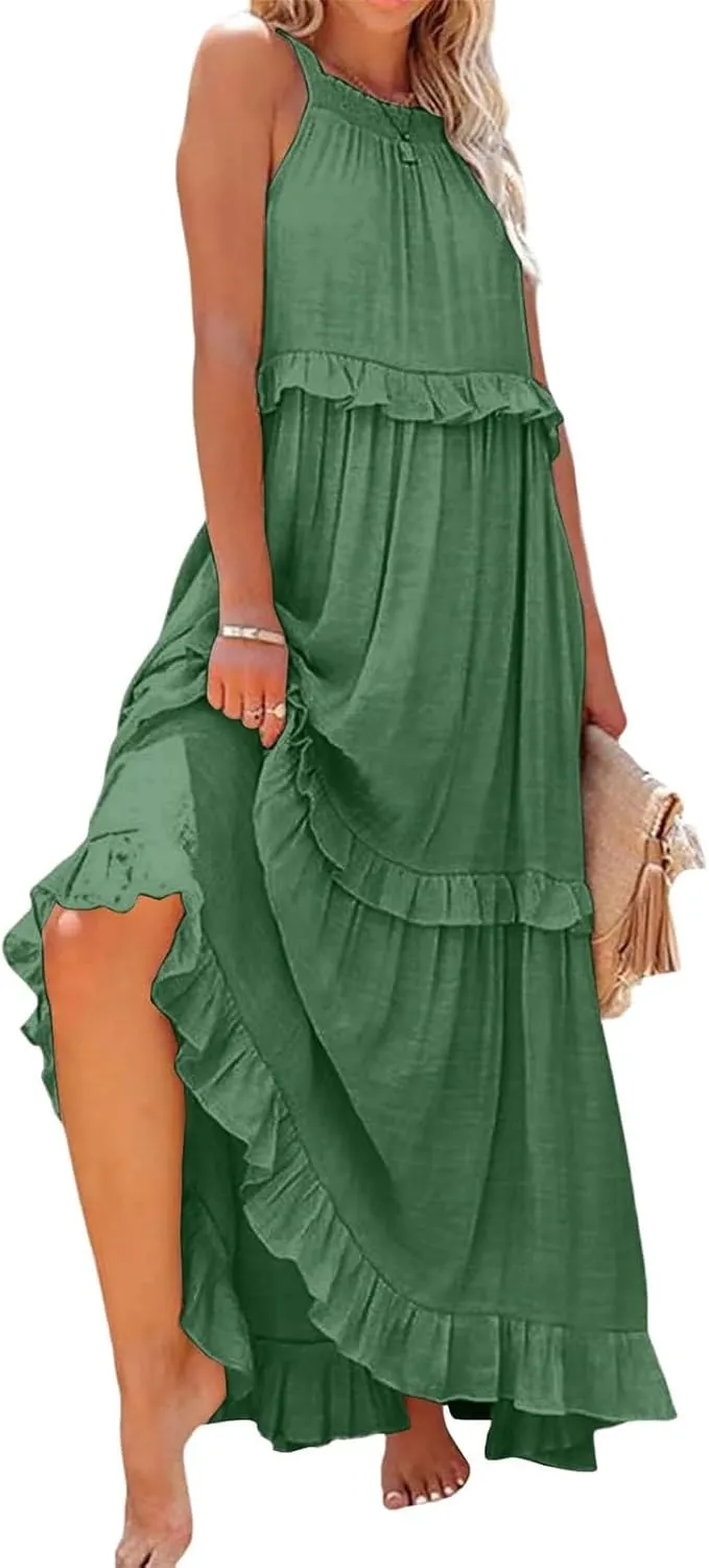 Halter Dresses for Women Smocked Tiered Flowy Swing Maxi Dresses Summer Cocktail Formal Wedding Guest Dress w/Pockets