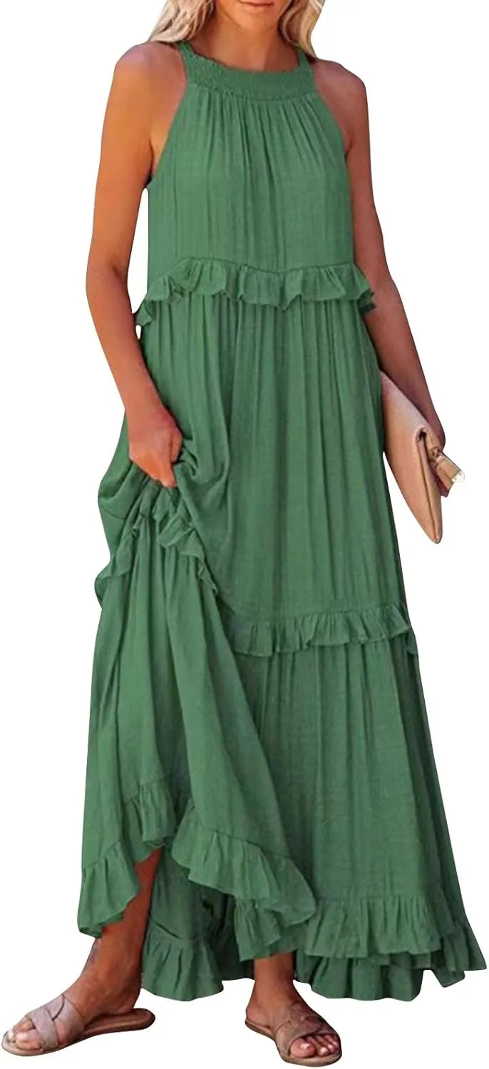 Halter Dresses for Women Smocked Tiered Flowy Swing Maxi Dresses Summer Cocktail Formal Wedding Guest Dress w/Pockets