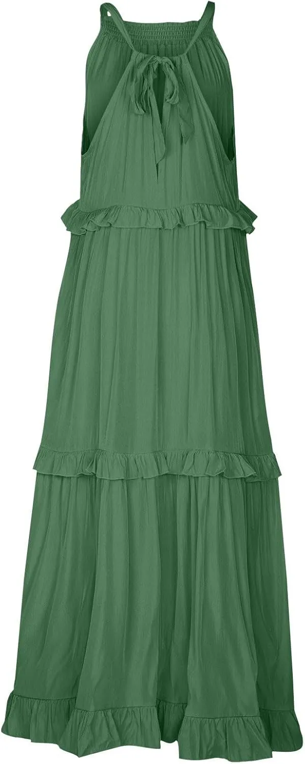 Halter Dresses for Women Smocked Tiered Flowy Swing Maxi Dresses Summer Cocktail Formal Wedding Guest Dress w/Pockets