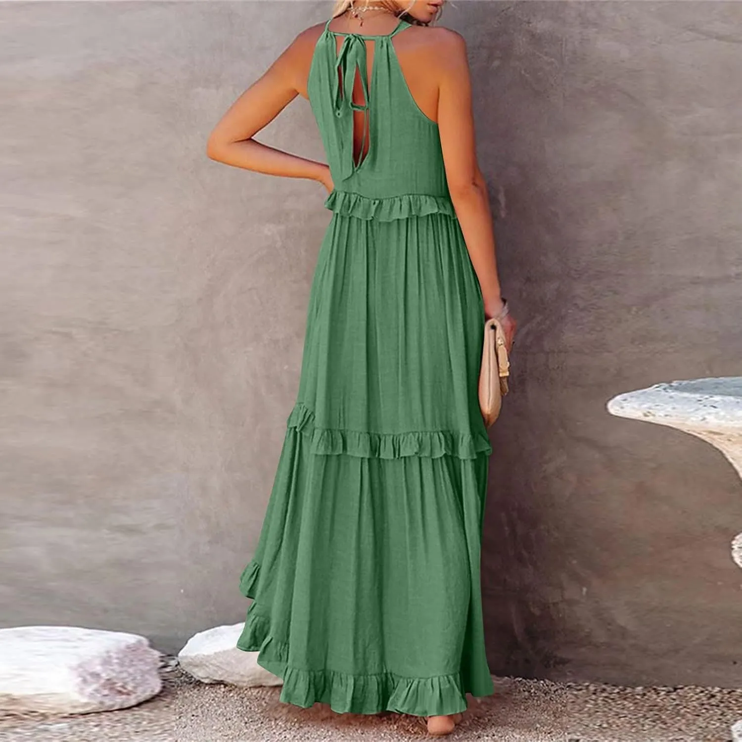 Halter Dresses for Women Smocked Tiered Flowy Swing Maxi Dresses Summer Cocktail Formal Wedding Guest Dress w/Pockets
