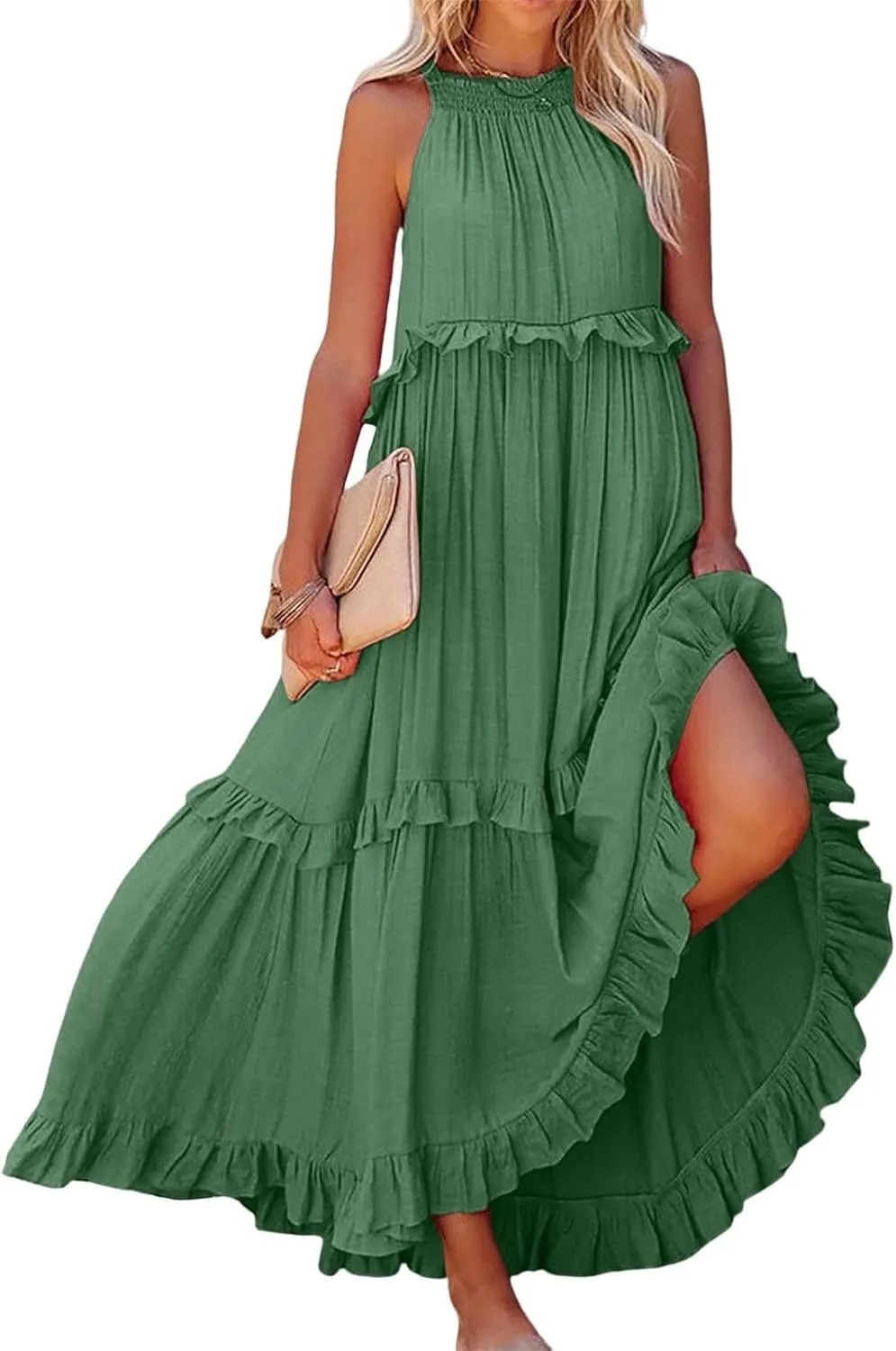 Halter Dresses for Women Smocked Tiered Flowy Swing Maxi Dresses Summer Cocktail Formal Wedding Guest Dress w/Pockets