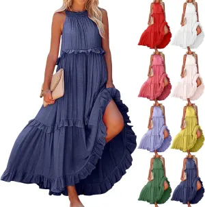 Halter Dresses for Women Smocked Tiered Flowy Swing Maxi Dresses Summer Cocktail Formal Wedding Guest Dress w/Pockets