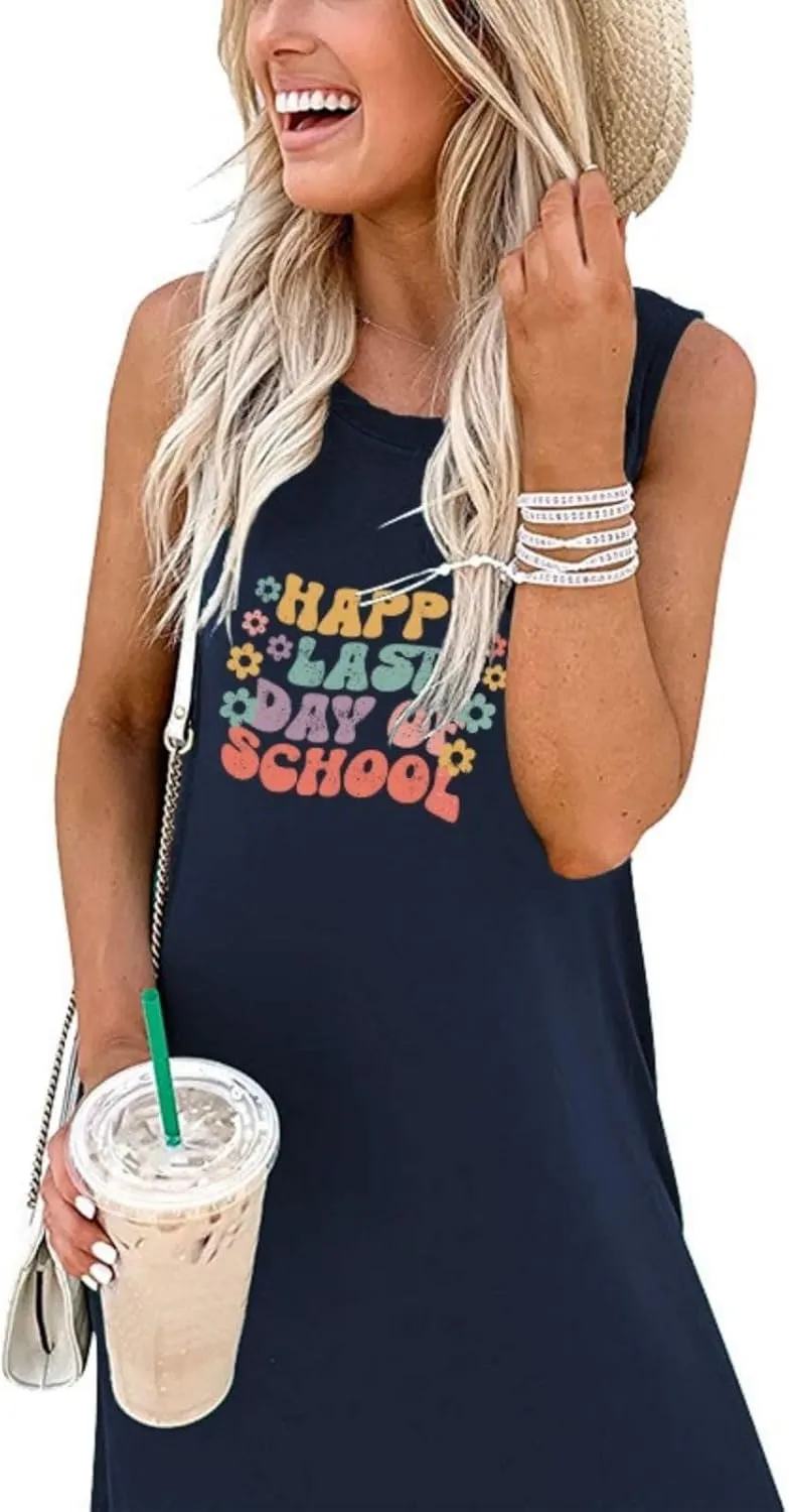 Happy Last Day of School Dress for Women Teacher Maxi Tank Dress Sleeveless Dresses with Pocket Sleeveless Dress