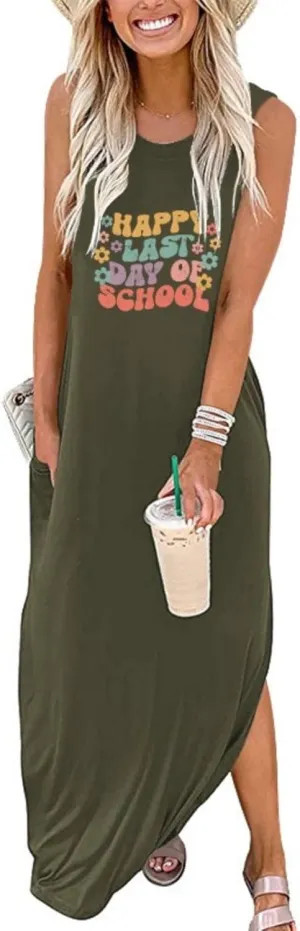 Happy Last Day of School Dress for Women Teacher Maxi Tank Dress Sleeveless Dresses with Pocket Sleeveless Dress