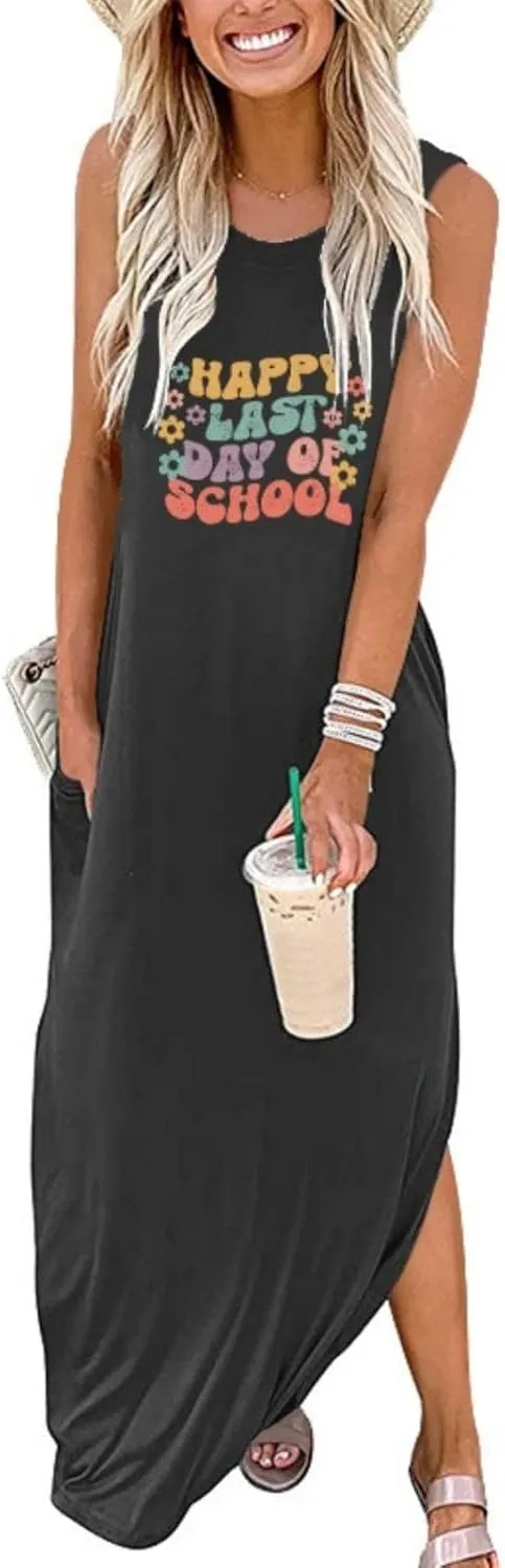 Happy Last Day of School Dress for Women Teacher Maxi Tank Dress Sleeveless Dresses with Pocket Sleeveless Dress