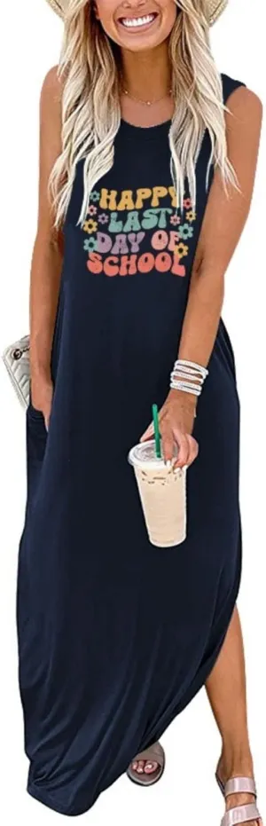 Happy Last Day of School Dress for Women Teacher Maxi Tank Dress Sleeveless Dresses with Pocket Sleeveless Dress