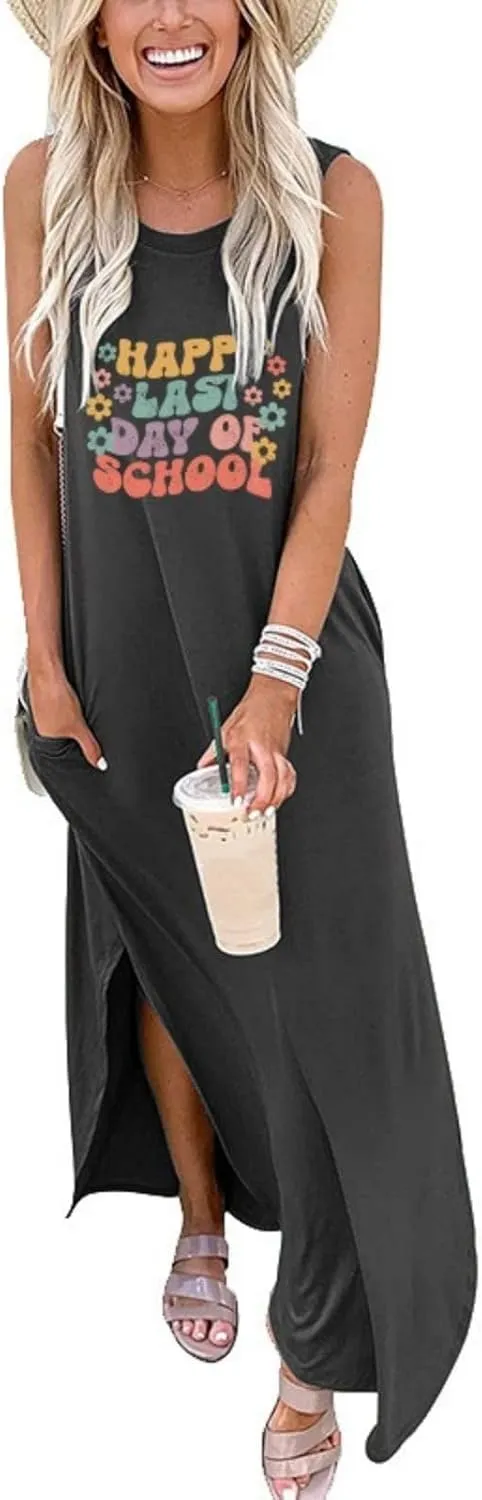Happy Last Day of School Dress for Women Teacher Maxi Tank Dress Sleeveless Dresses with Pocket Sleeveless Dress