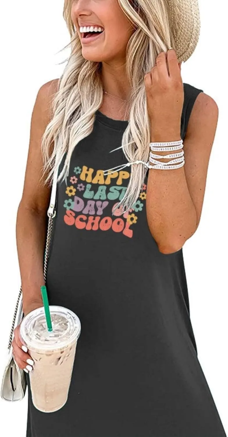 Happy Last Day of School Dress for Women Teacher Maxi Tank Dress Sleeveless Dresses with Pocket Sleeveless Dress