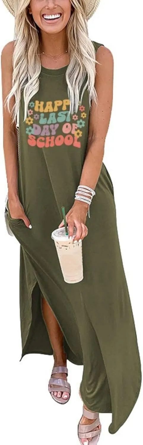 Happy Last Day of School Dress for Women Teacher Maxi Tank Dress Sleeveless Dresses with Pocket Sleeveless Dress