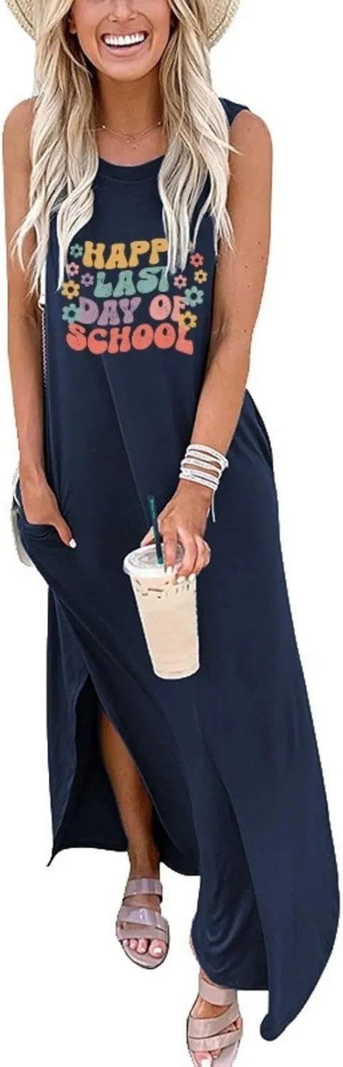 Happy Last Day of School Dress for Women Teacher Maxi Tank Dress Sleeveless Dresses with Pocket Sleeveless Dress