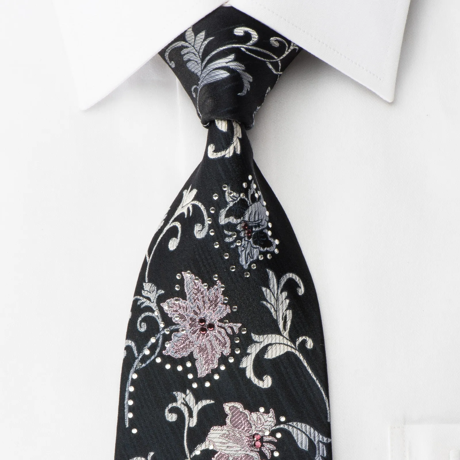Indian Homme Rhinestone Silk Necktie Floral On Navy With Purple Sparkles