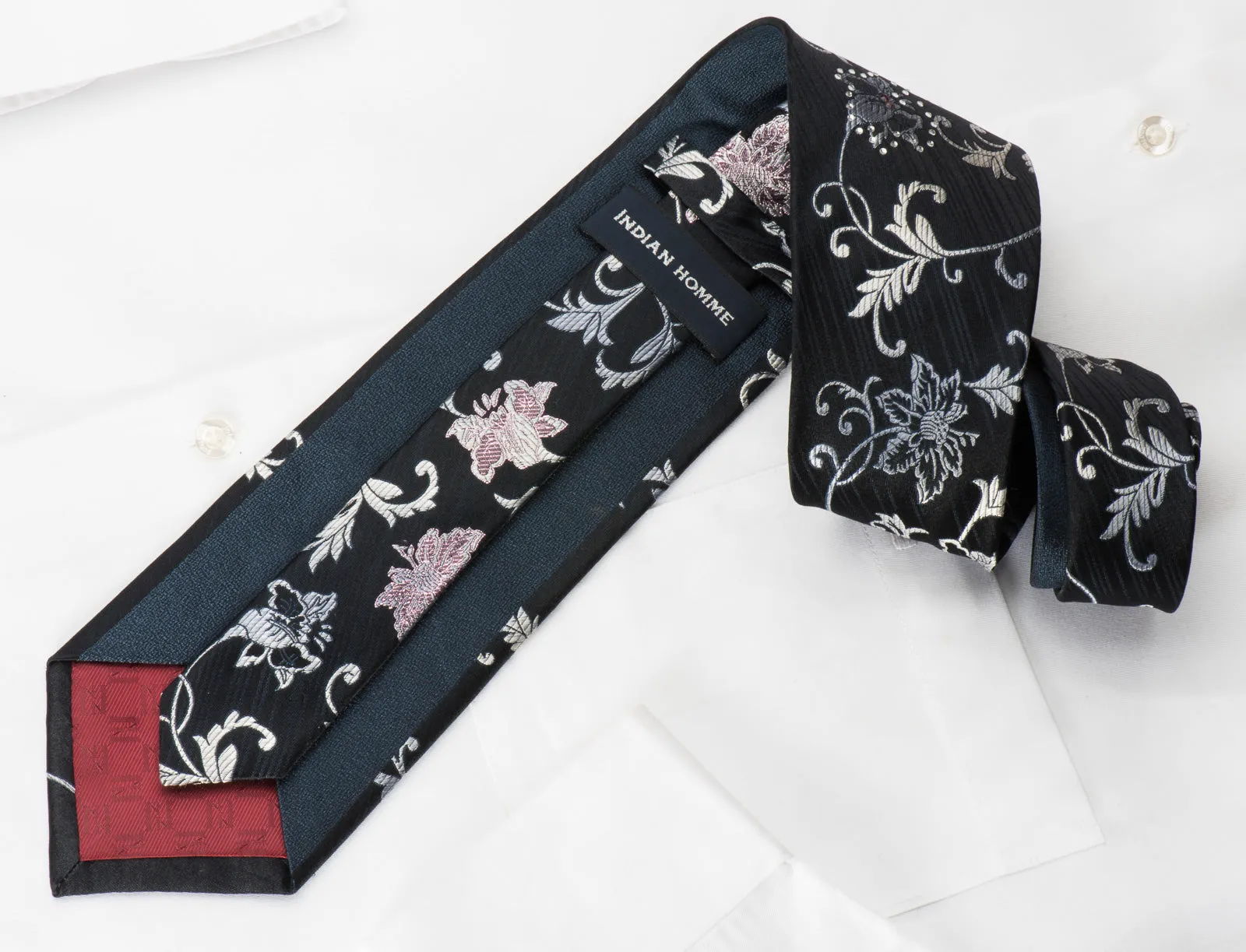 Indian Homme Rhinestone Silk Necktie Floral On Navy With Purple Sparkles