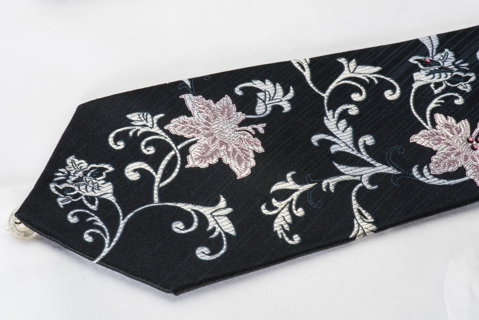 Indian Homme Rhinestone Silk Necktie Floral On Navy With Purple Sparkles