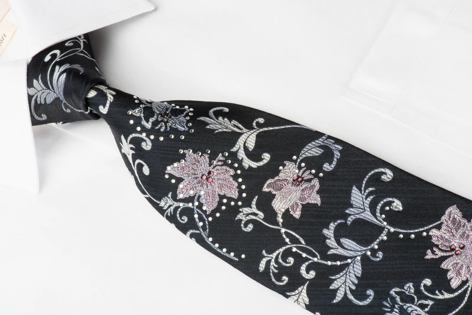 Indian Homme Rhinestone Silk Necktie Floral On Navy With Purple Sparkles