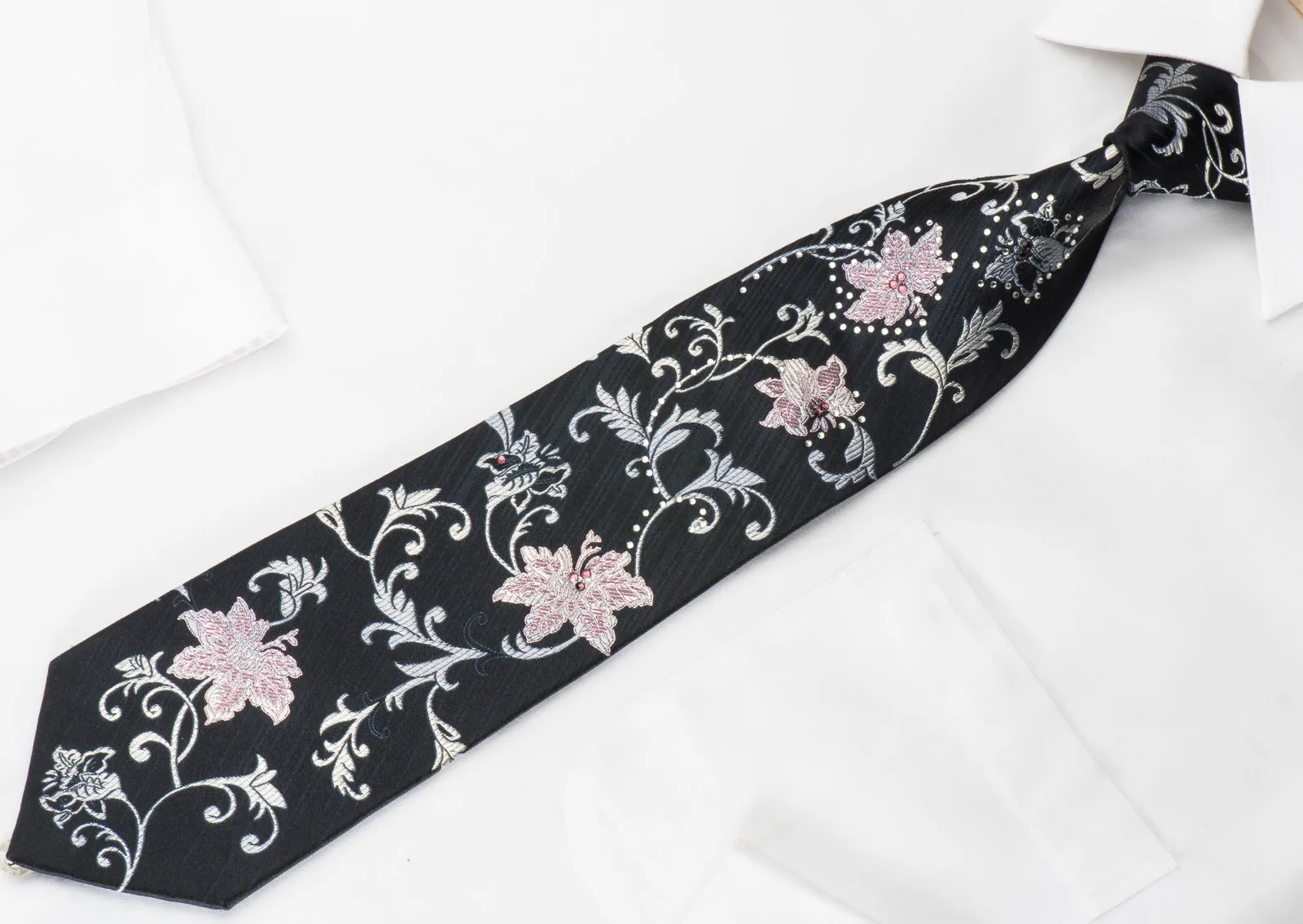 Indian Homme Rhinestone Silk Necktie Floral On Navy With Purple Sparkles