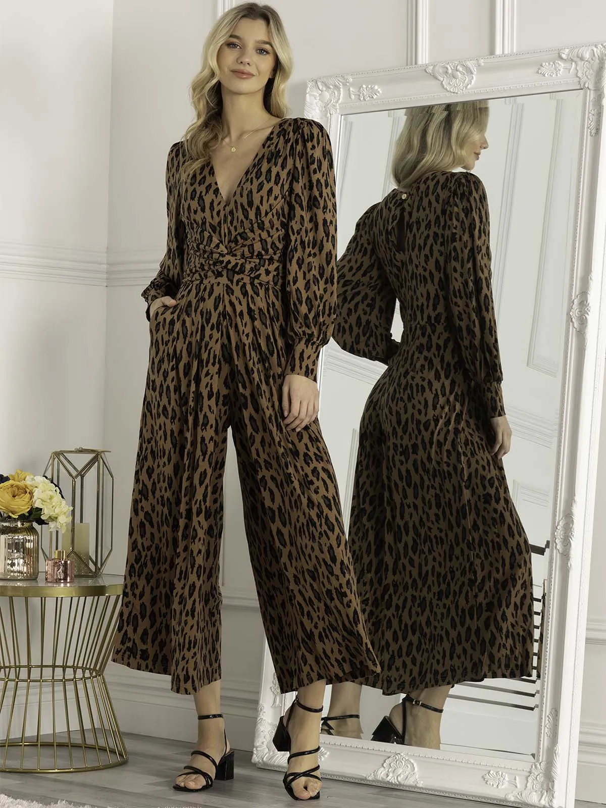 Jolie Moi Gael Long Sleeve Jumpsuit, Brown Animal