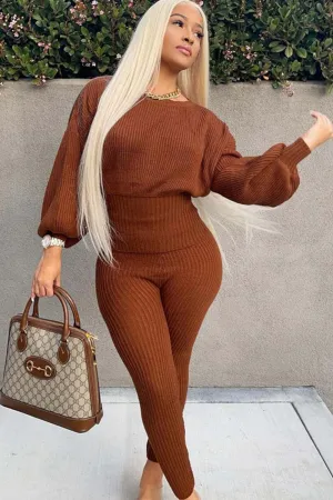 Lantern Sleeve Tops Long Pants Knit Suits