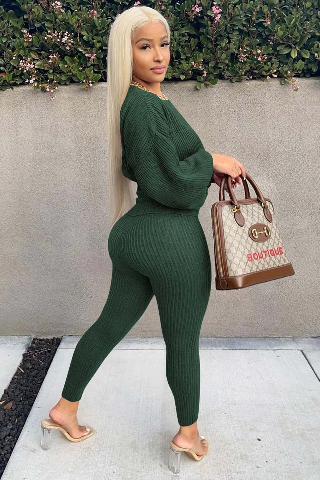 Lantern Sleeve Tops Long Pants Knit Suits