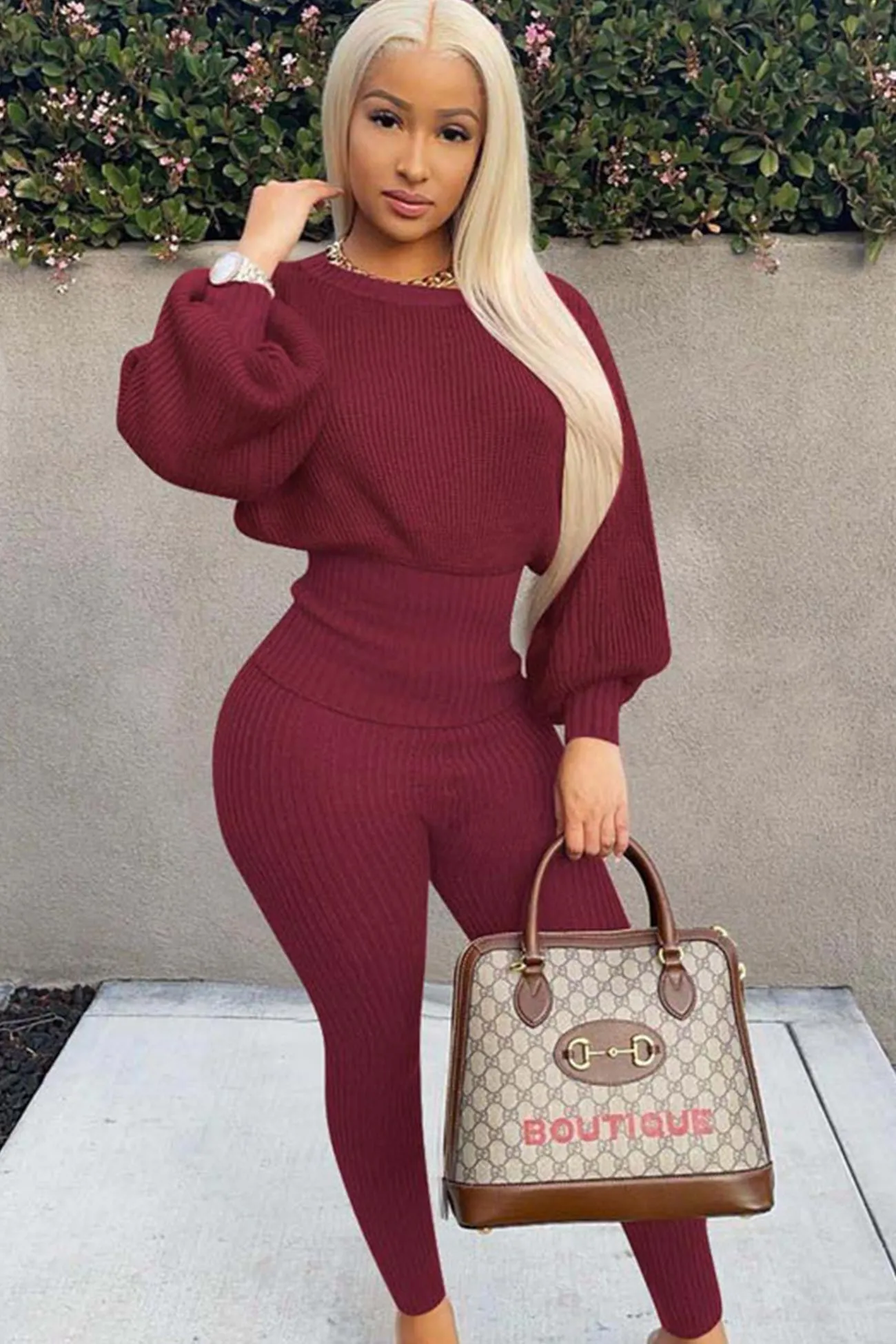 Lantern Sleeve Tops Long Pants Knit Suits
