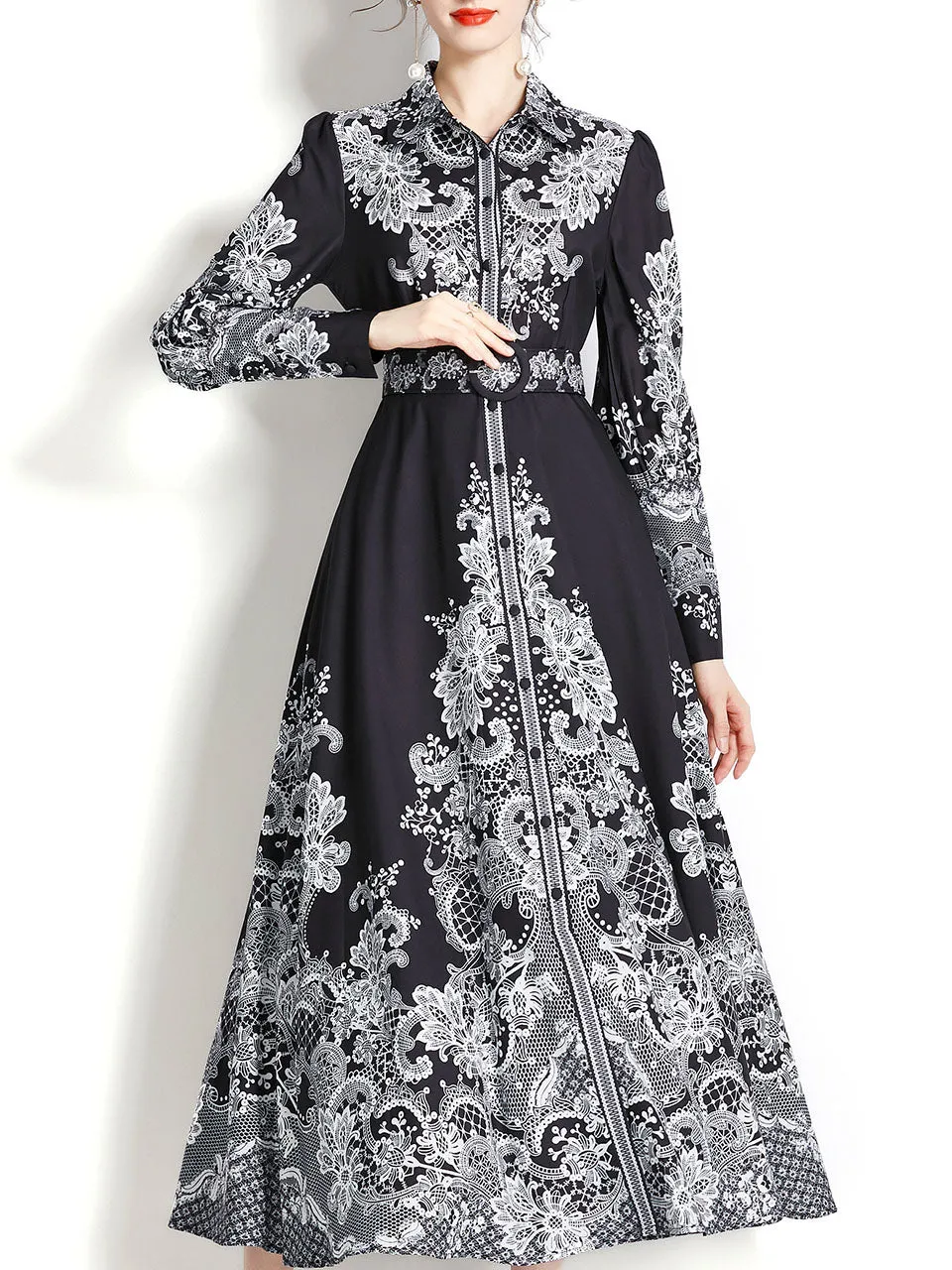 Light Blue Lapel Long Sleeved Bohemian Dress