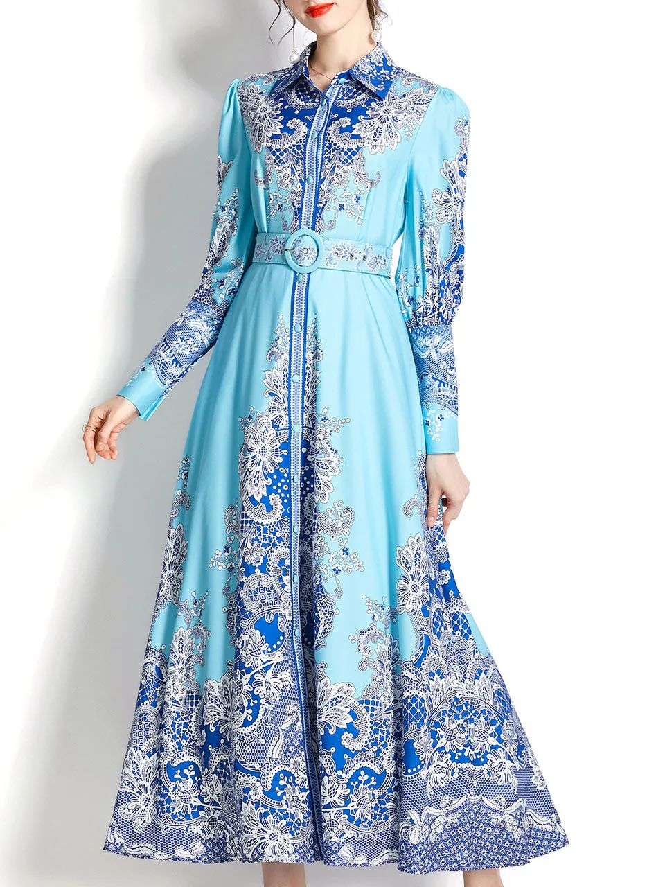 Light Blue Lapel Long Sleeved Bohemian Dress