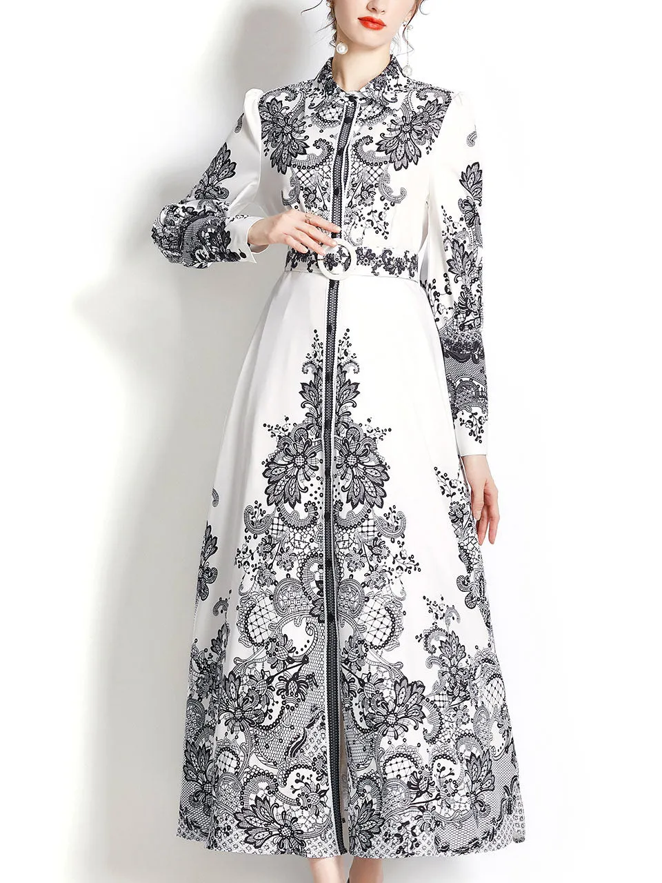 Light Blue Lapel Long Sleeved Bohemian Dress