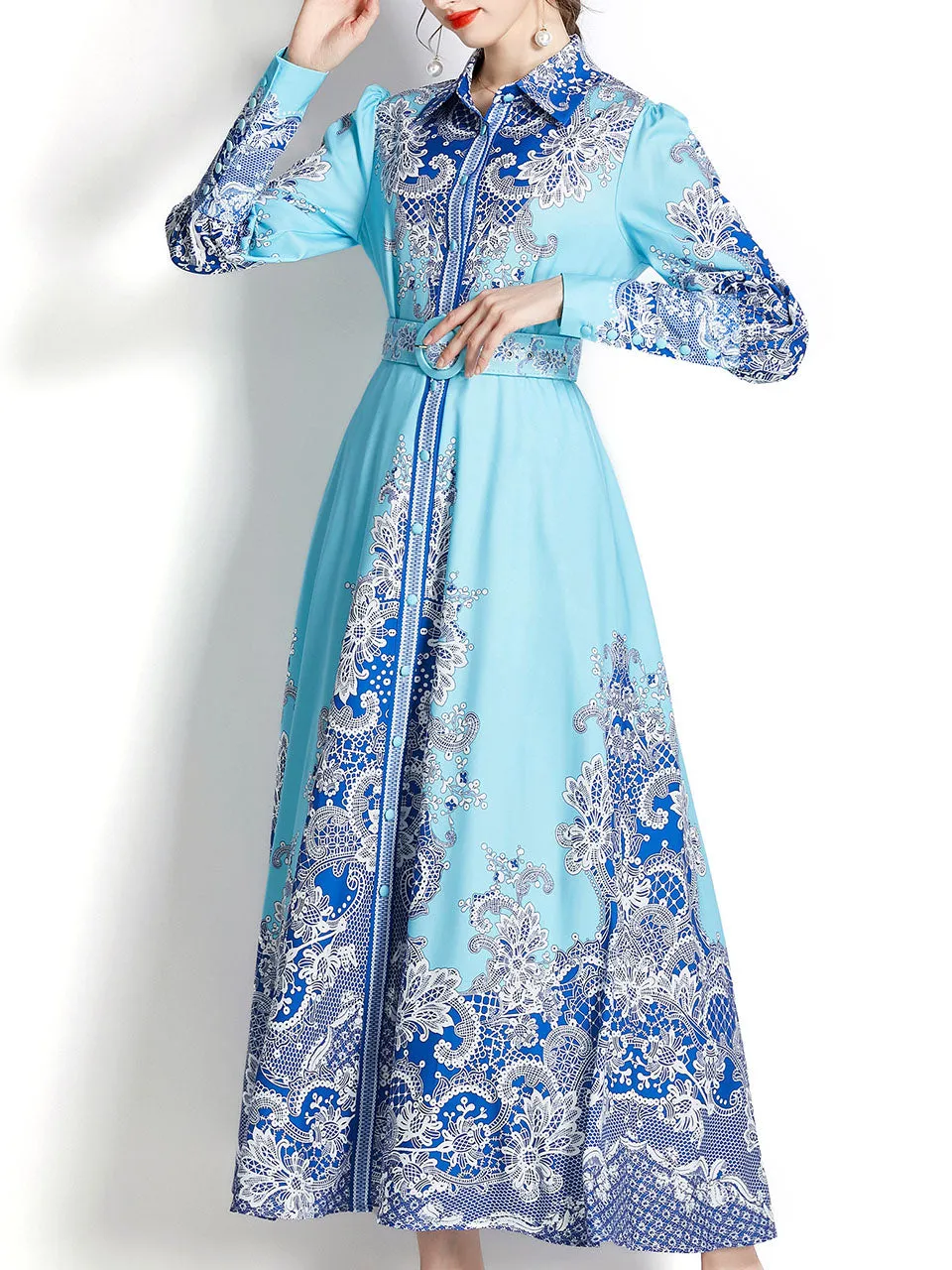 Light Blue Lapel Long Sleeved Bohemian Dress