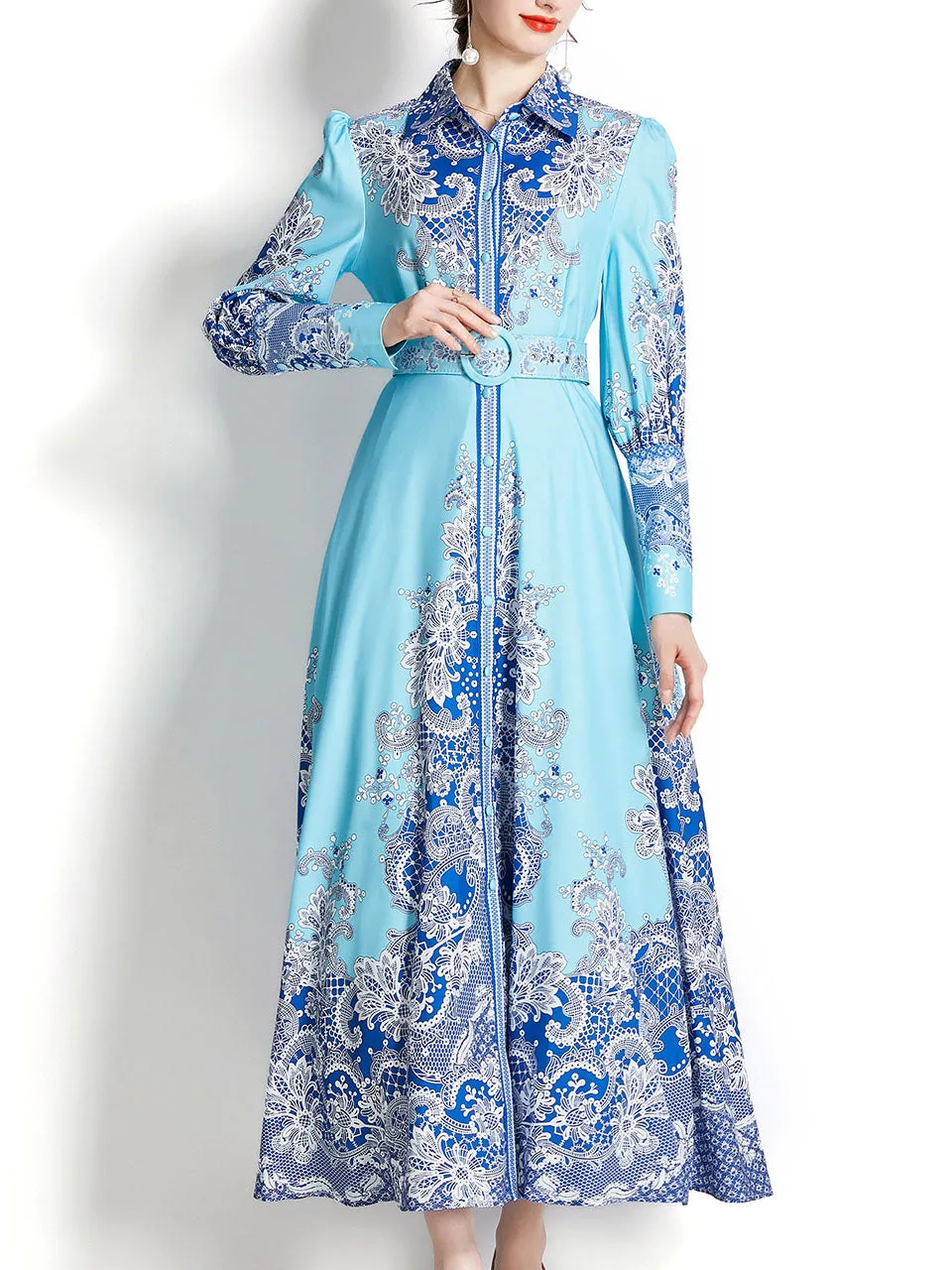 Light Blue Lapel Long Sleeved Bohemian Dress