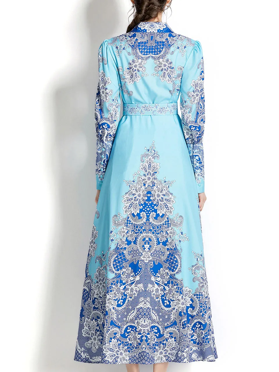 Light Blue Lapel Long Sleeved Bohemian Dress