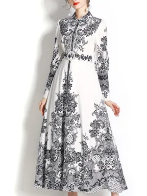 Light Blue Lapel Long Sleeved Bohemian Dress