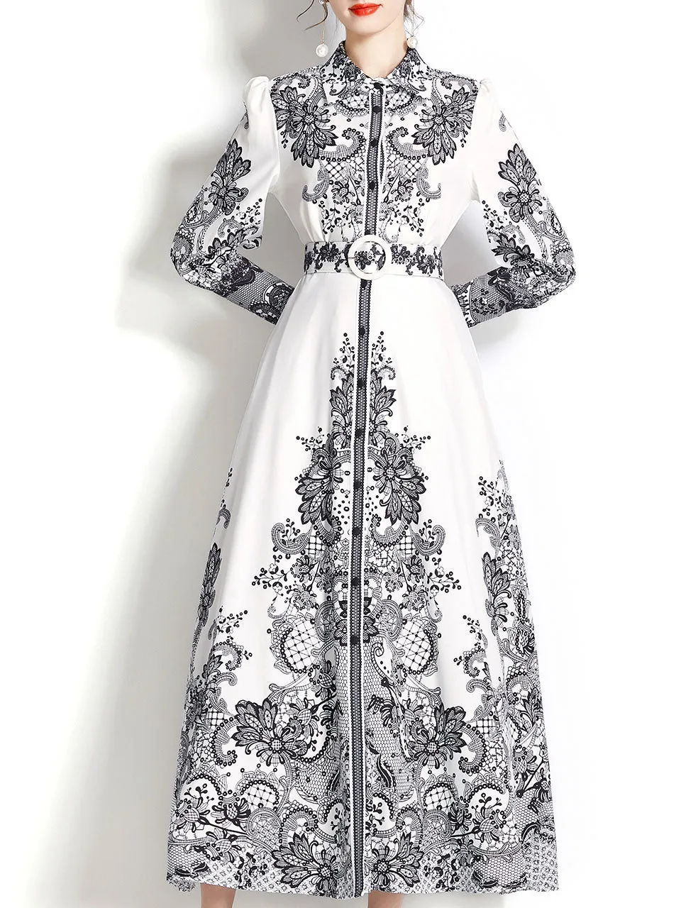 Light Blue Lapel Long Sleeved Bohemian Dress